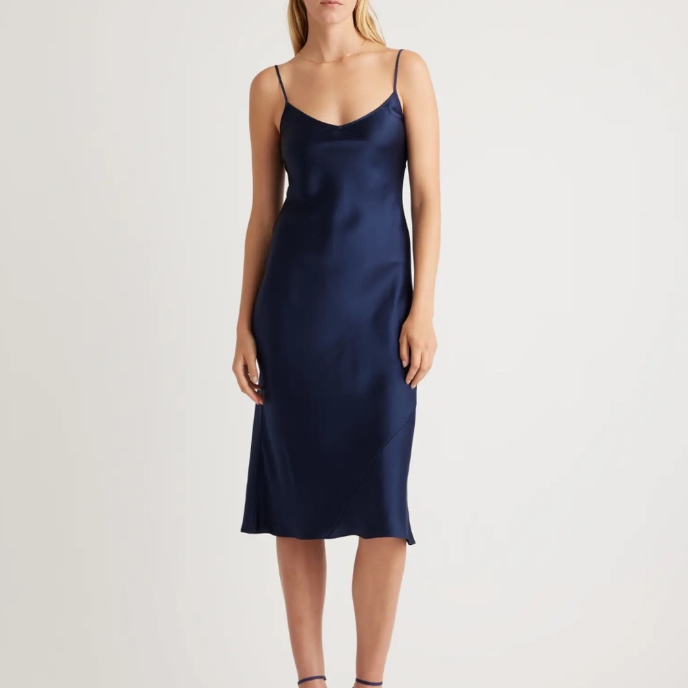 Quince Navy Satin Slip Midi Dress